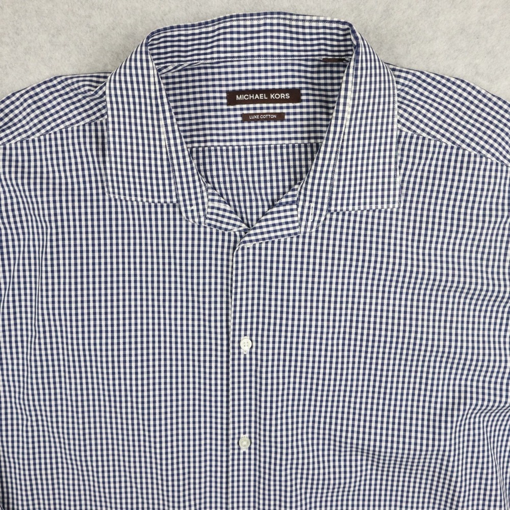 Michael Kors Shirt Mens 18.5 34/35 Big Luxe Cotton Button Up Gingham Long Sleeve - Picture 2 of 10